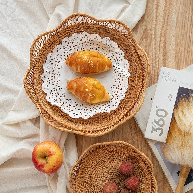 Handwoven round rattan table basket – shown in a room setting (3)