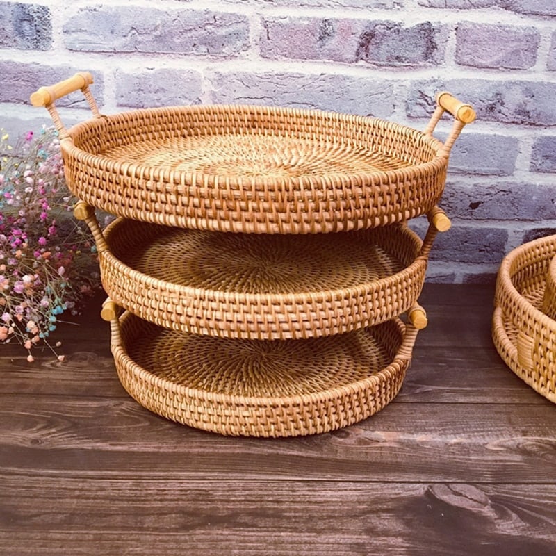 Handwoven rattan serving tray with light wood handles – multiple views