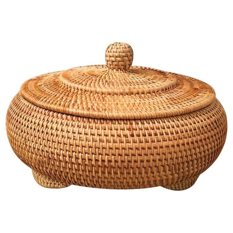 Round handwoven rattan basket with a fitted lid – another view