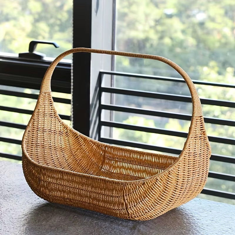 Rustic open-weave rattan basket with a sturdy handle – shown in a room setting