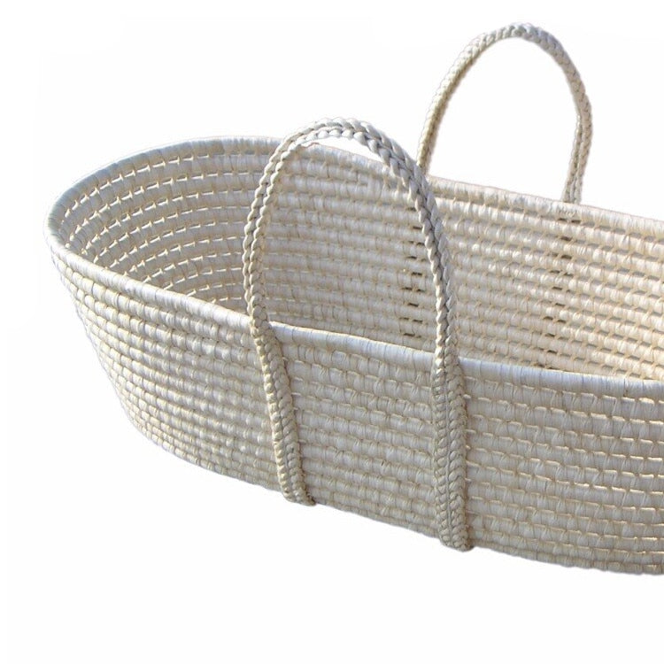 White rattan moses basket with side handles – another view