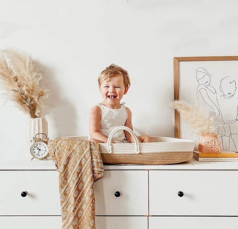 Two-tone synthetic rattan moses basket – shown in use (2)