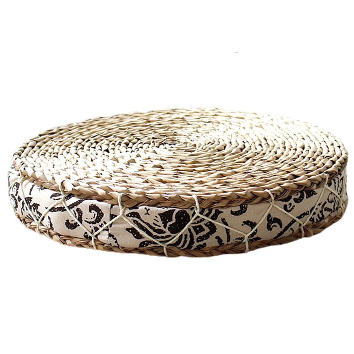 Round cushion with a rattan center and black-and-white fabric border