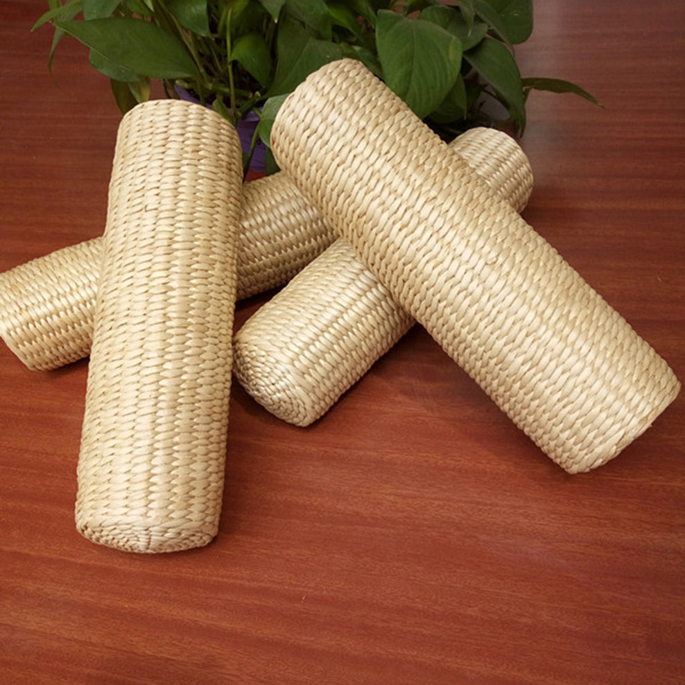 Cylindrical light rattan bolster pillow – multiple views