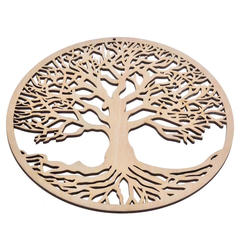 Carved wooden tree of life wall decor in a round frame – close-up detail
