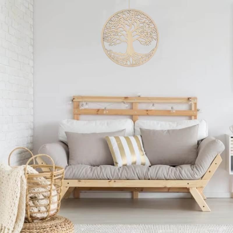 Carved wooden tree of life wall decor in a round frame – shown in a room setting