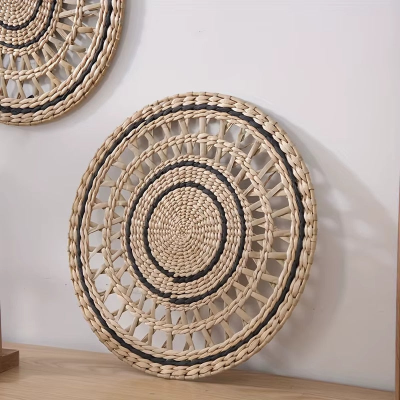 Boho round rattan wall decor with a slightly domed shape – another view