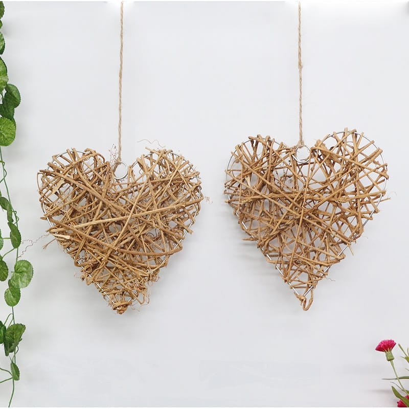 Rattan heart, star and circle wall decor set – shown in a room setting