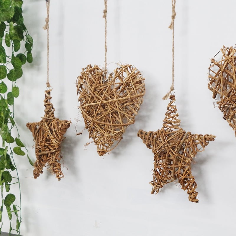 Rattan heart, star and circle wall decor set – shown in a room setting (2)