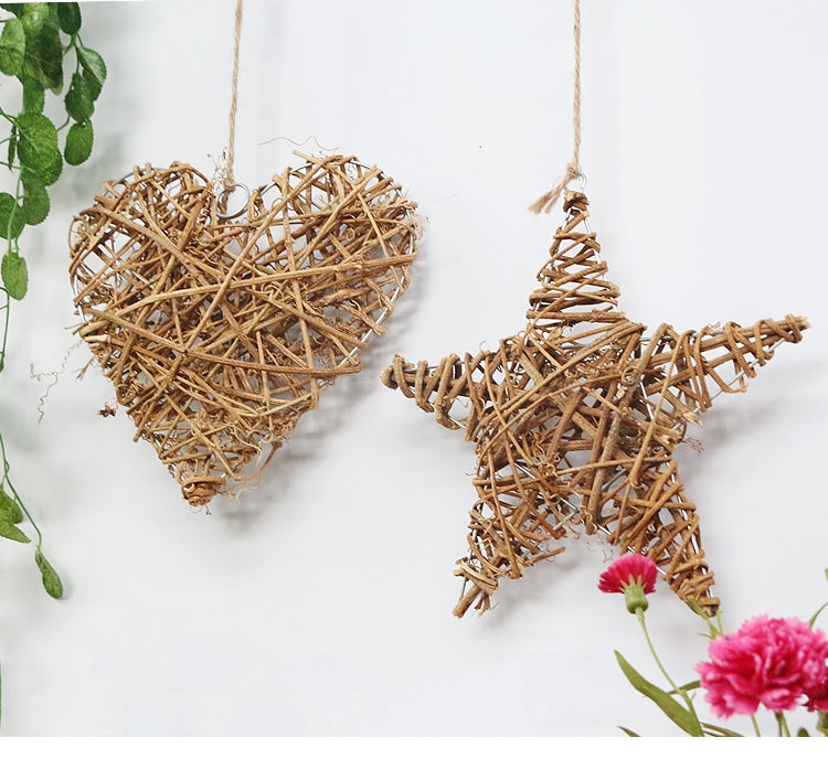 Rattan heart, star and circle wall decor set – shown in a room setting (3)