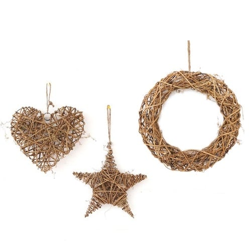 Rattan heart, star and circle wall decor set – yellow variant, multiple views