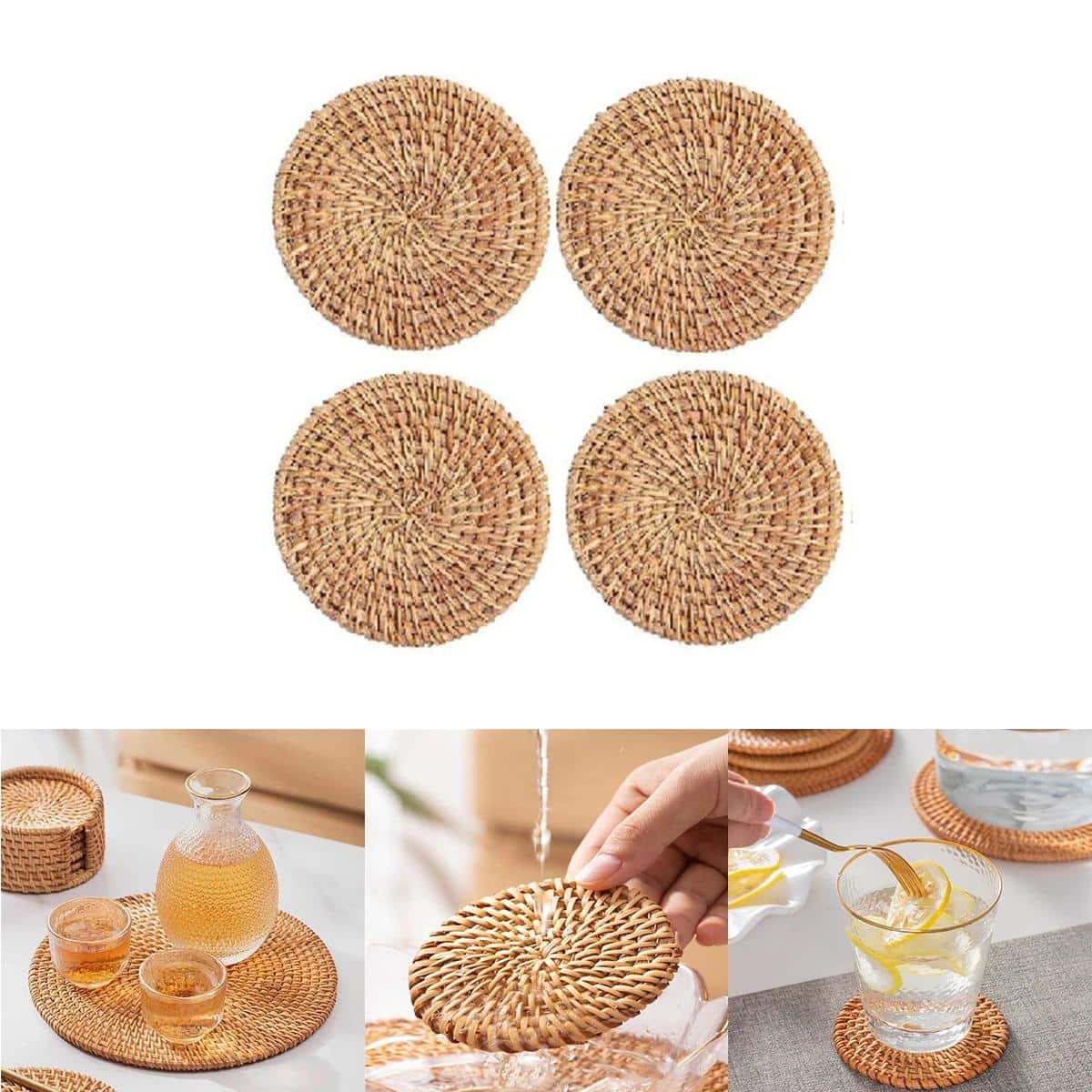 Set of four round natural rattan coasters – multiple views