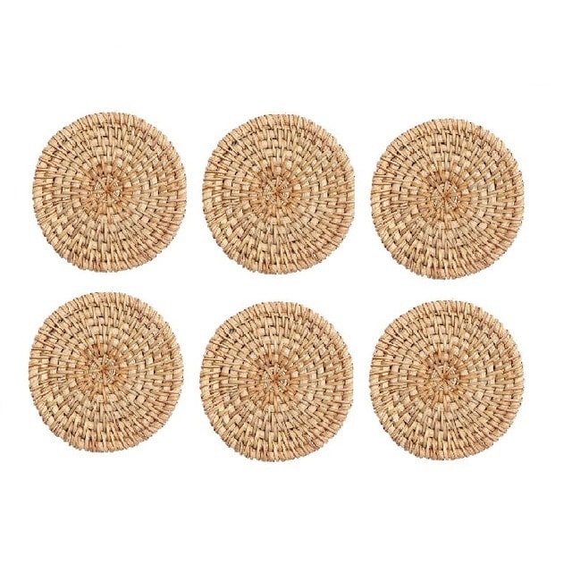 Set of six round rattan coasters with a non-slip base – M variant, multiple views