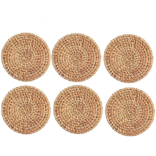 Set of six round rattan coasters with a non-slip base – multiple views (2)