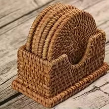 Sturdy round natural rattan coaster – multiple views