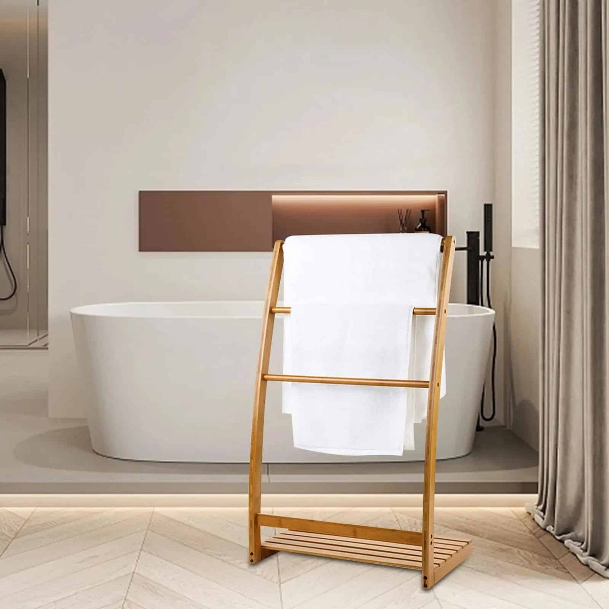Slim bamboo towel ladder holding towels in a bathroom – shown in a room setting (2)
