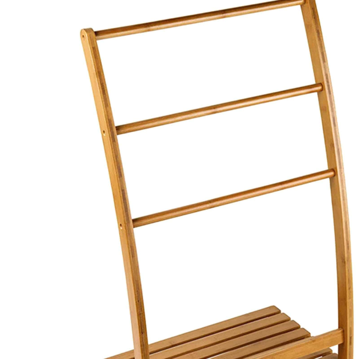 Slim bamboo towel ladder holding towels in a bathroom
