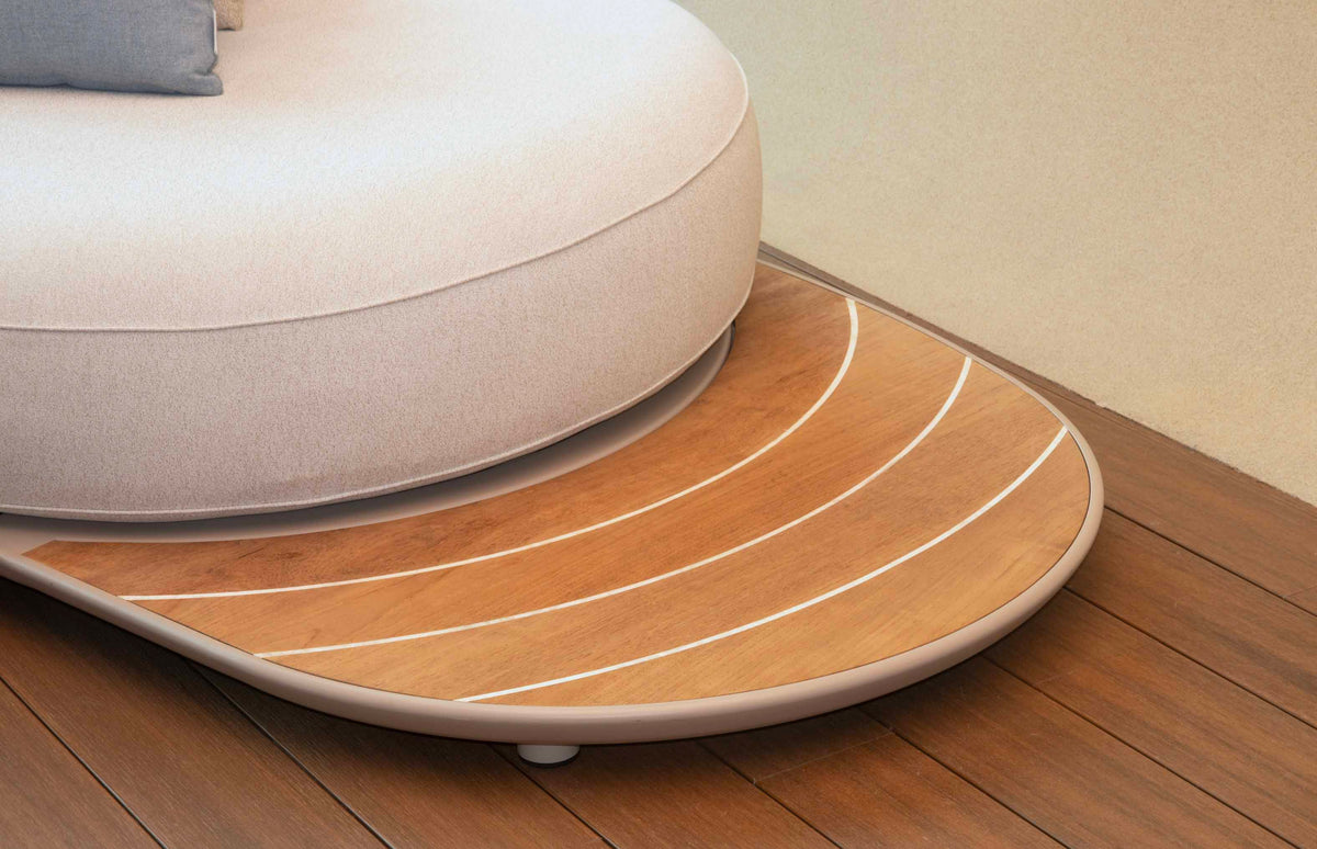 Chaise from the Elyo XL large curved beige aluminum outdoor sectional – close-up detail