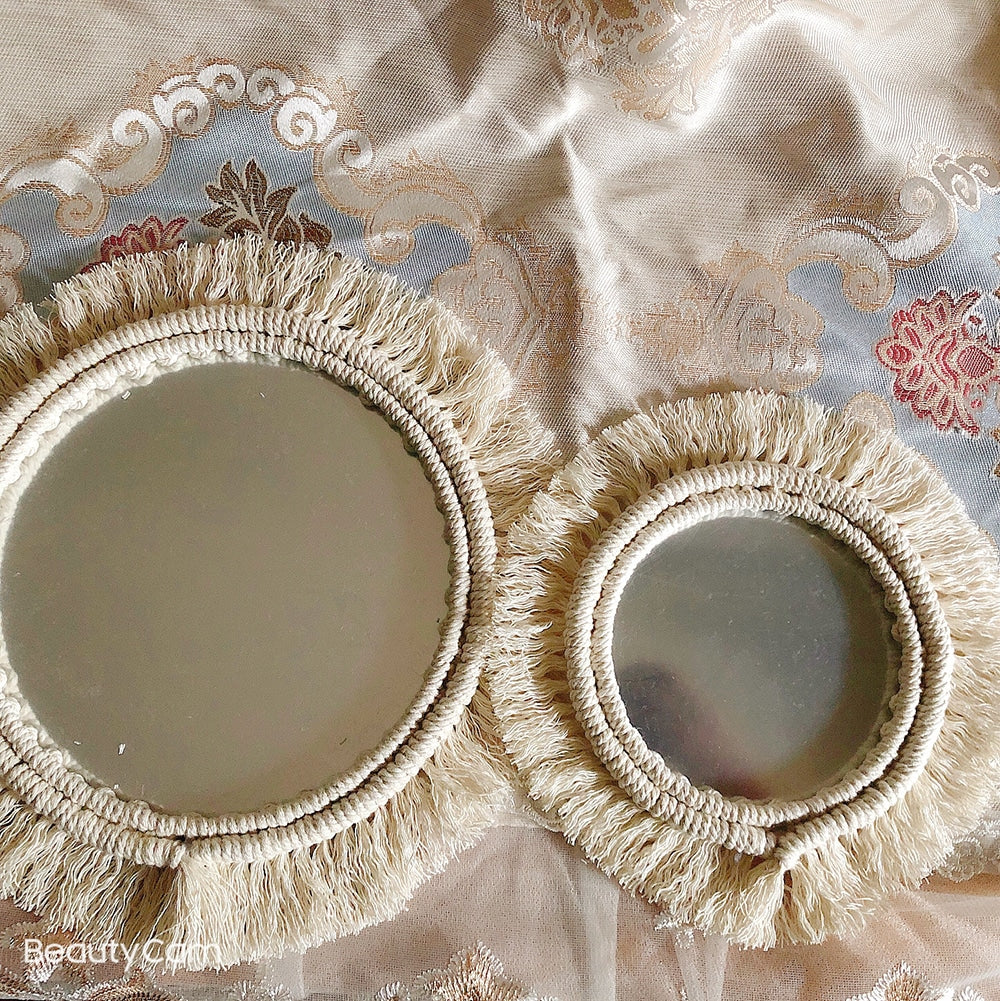 Set of two handwoven golden rattan mirrors