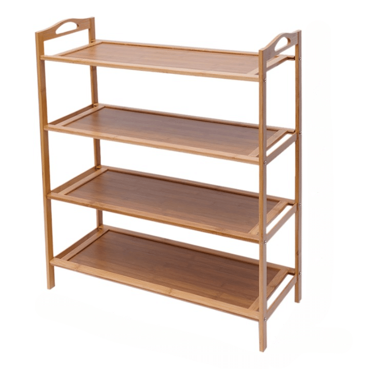 Four-tier bamboo shoe rack with sneakers and boots