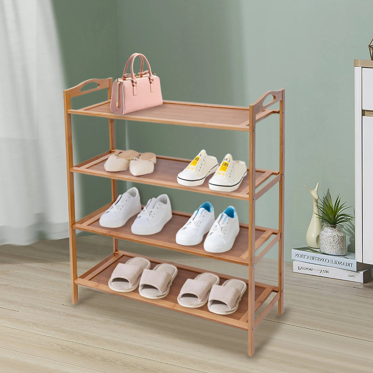Four-tier bamboo shoe rack with sneakers and boots – shown in a room setting