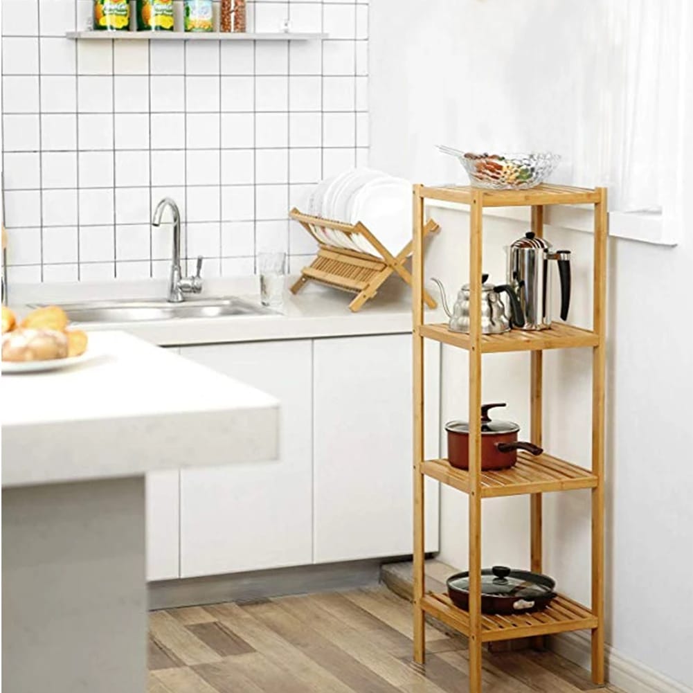 Four-tier bamboo shelf with books, plants and everyday objects – shown in a room setting (2)