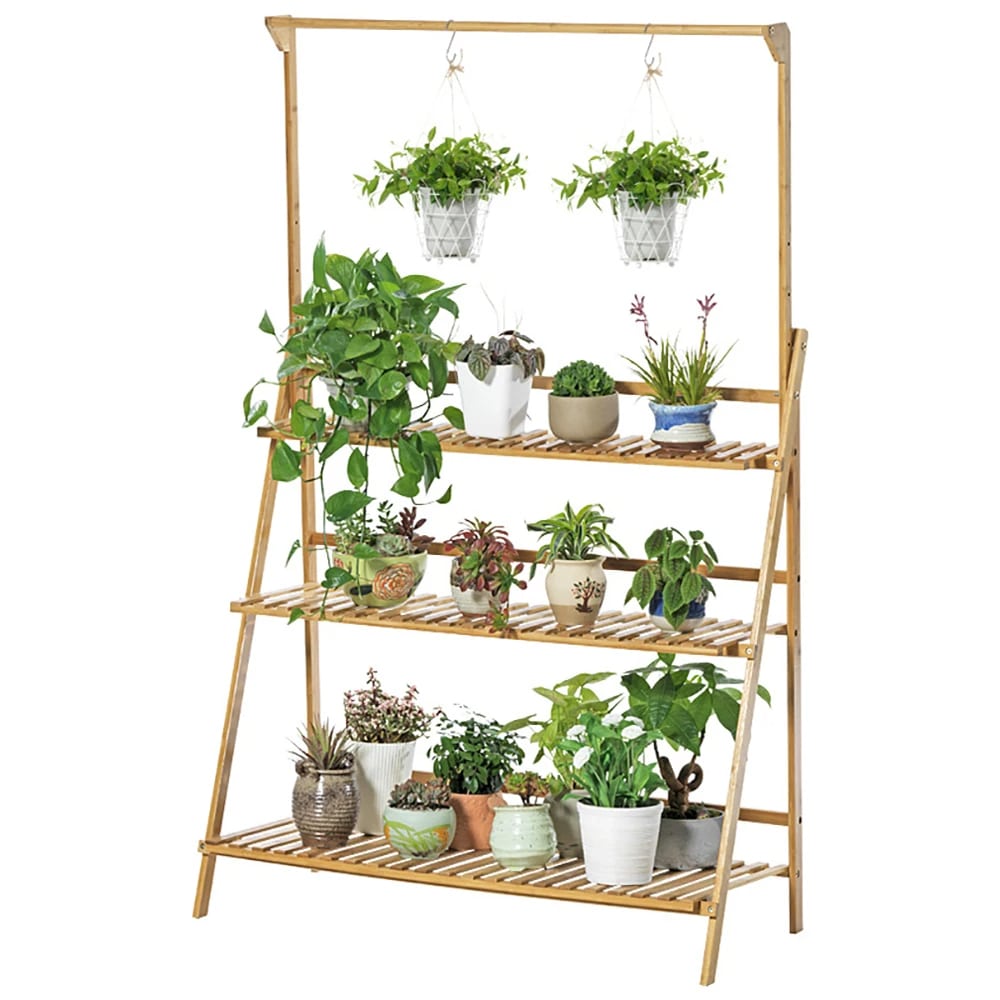 Folding bamboo plant shelf holding flower pots – another view