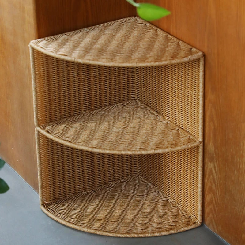 Three-tier rattan-look corner shelf with curved trays – shown in a room setting