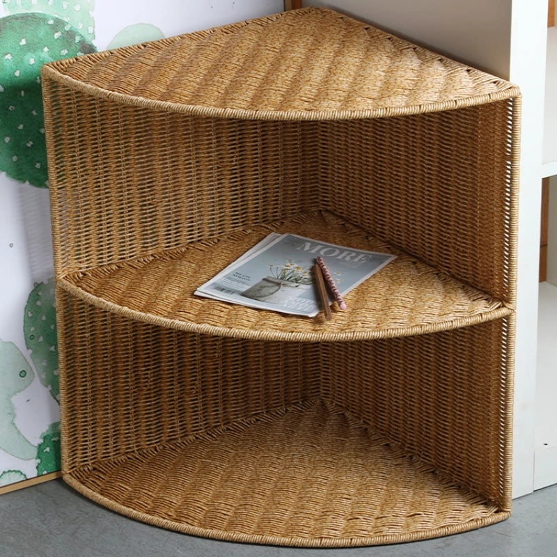 Three-tier rattan-look corner shelf with curved trays – shown in a room setting (2)
