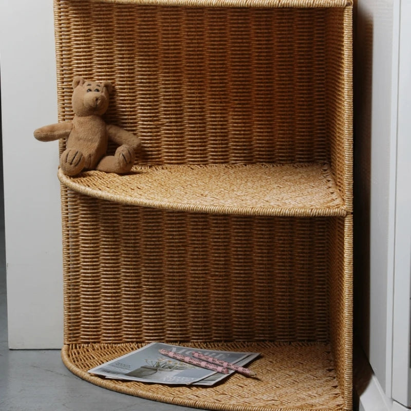 Three-tier rattan-look corner shelf with curved trays – shown in a room setting (3)