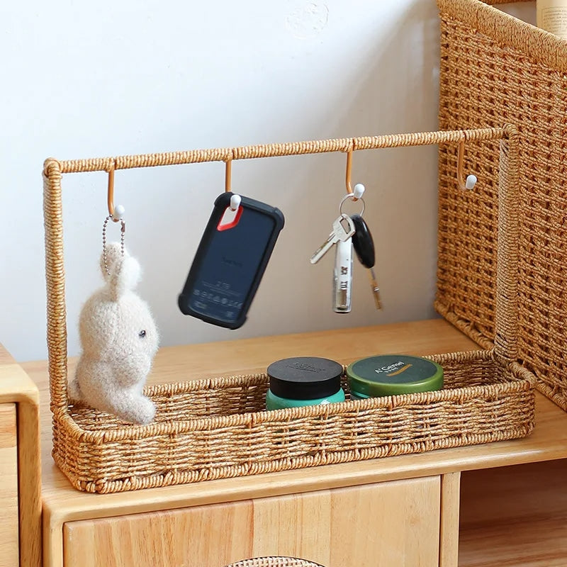 Compact rattan-look wall shelf with hooks – shown in a room setting (2)