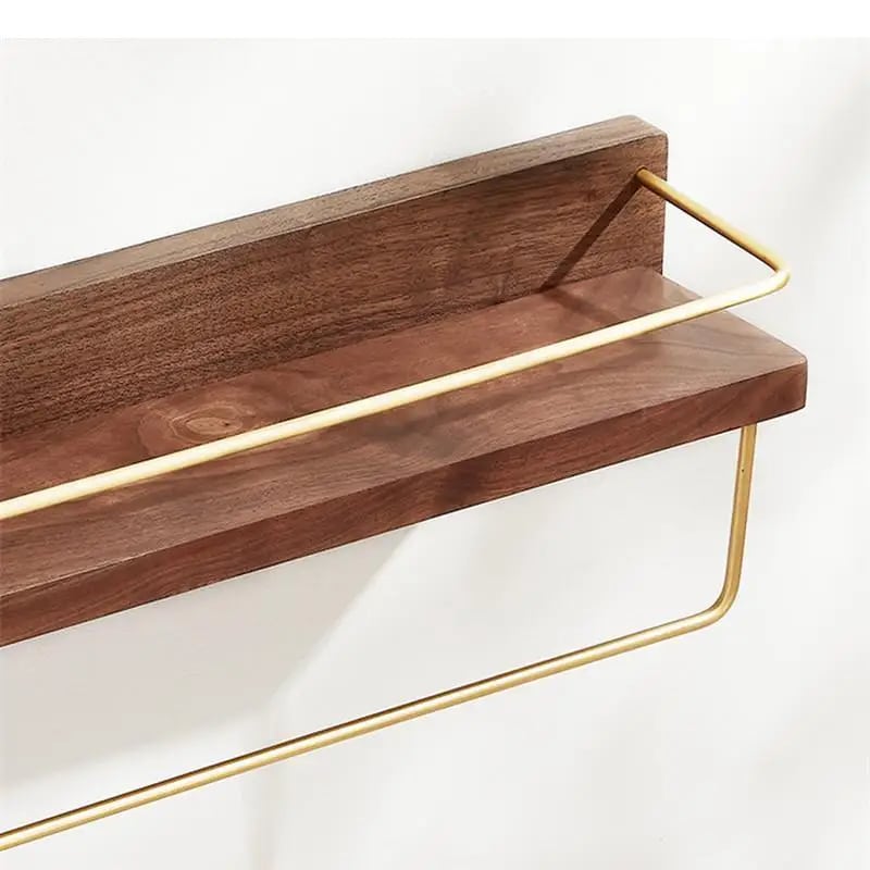 Natural wood and metal wall shelf with visible grain – close-up detail