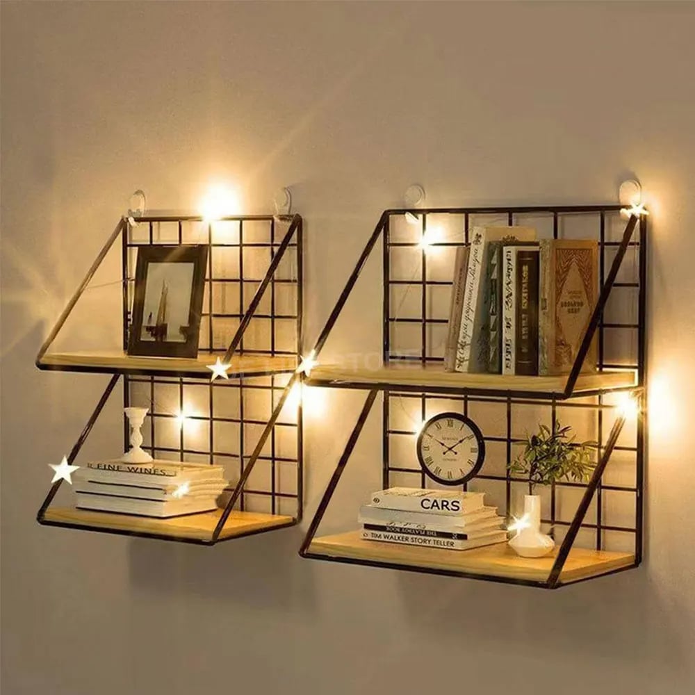 Modern wood wall shelf with a hand-shaped metal frame – shown in a room setting