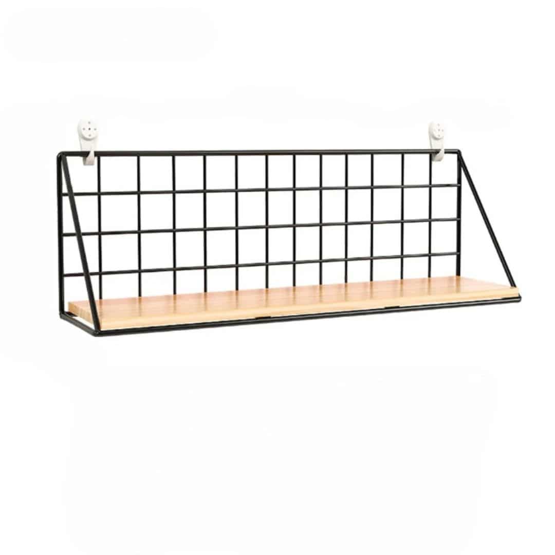 Modern wood wall shelf with a hand-shaped metal frame – another view