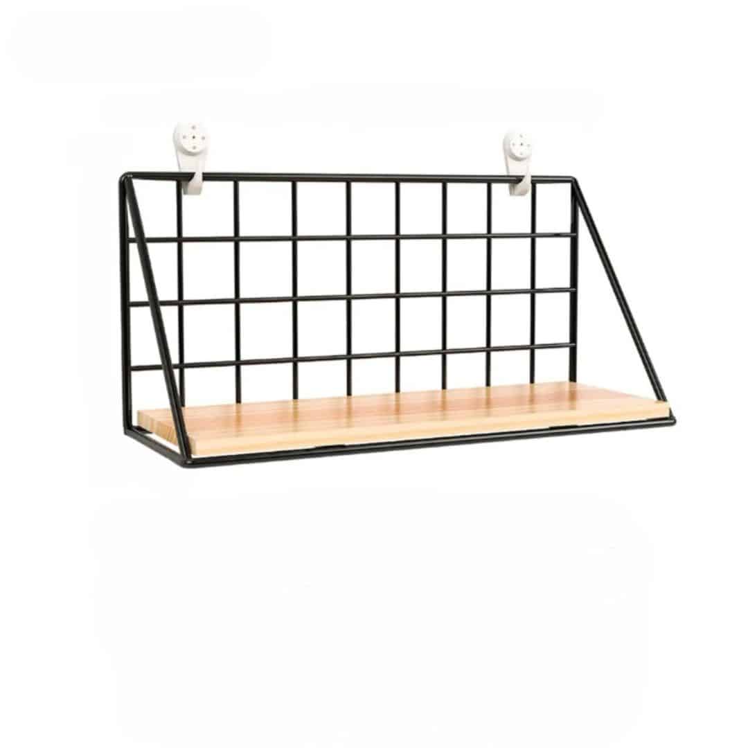 Modern wood wall shelf with a hand-shaped metal frame