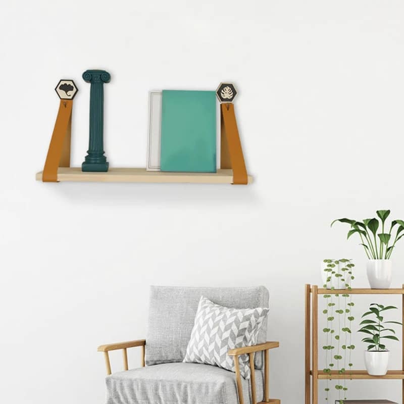 Wood wall shelf hung on hand-stitched faux leather straps – shown in a room setting (2)