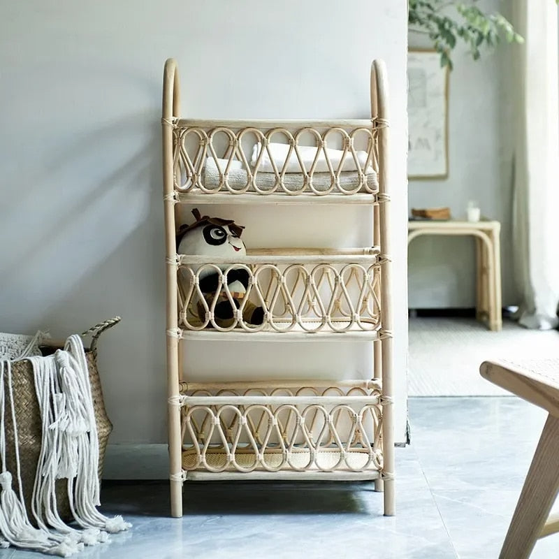 Beige three-tier rattan shelf unit on a wooden frame – shown in a room setting (2)