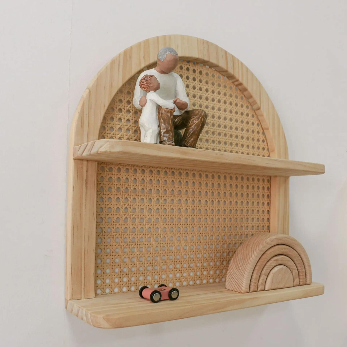 Handwoven rattan and solid wood shelf with a close weave – another view