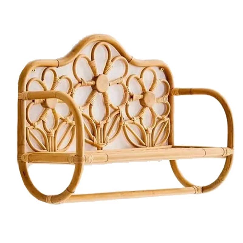 Bench-shaped rattan wall shelf with hand-braided legs