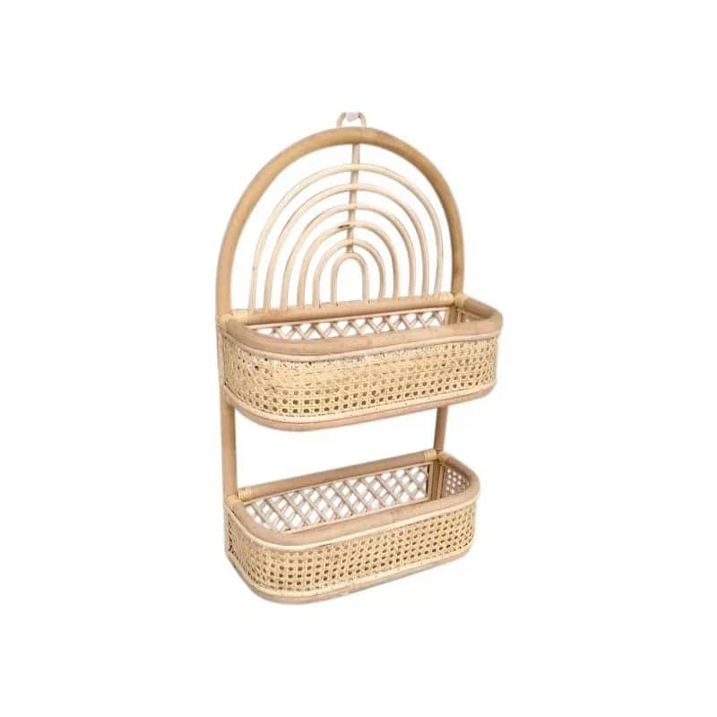 Vintage-style two-tier rattan wall shelf