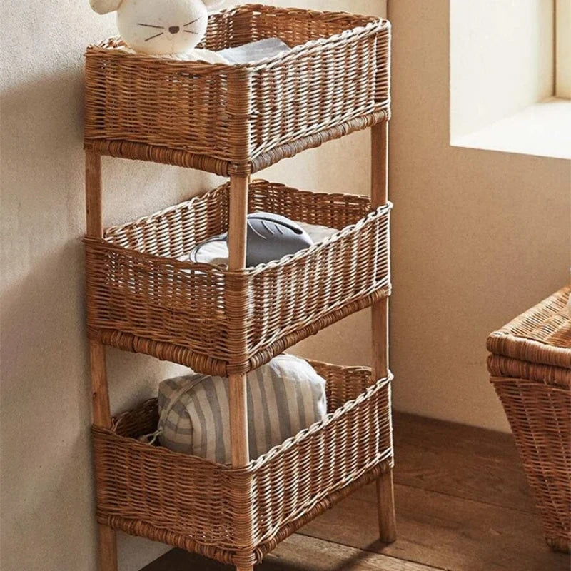 Three-tier rattan basket shelf – shown in a room setting