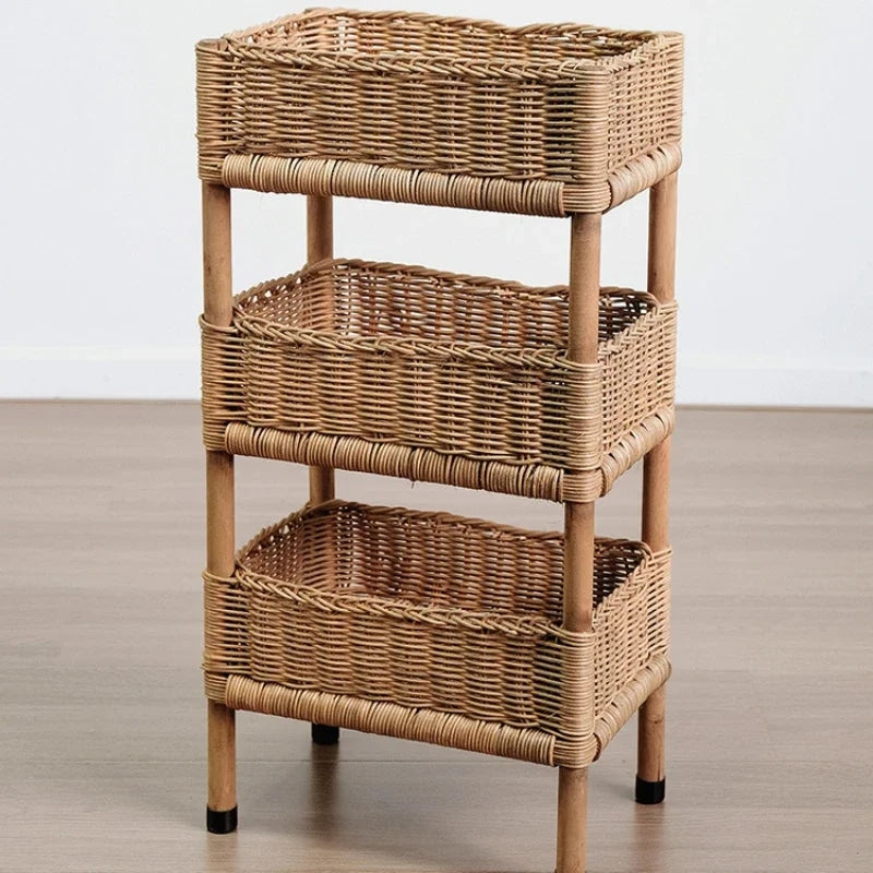 Three-tier rattan basket shelf