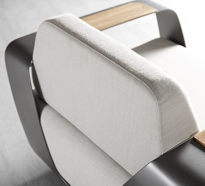 Onda aluminum Sunbrella patio set with loveseat, armchairs and teak coffee table – close-up detail