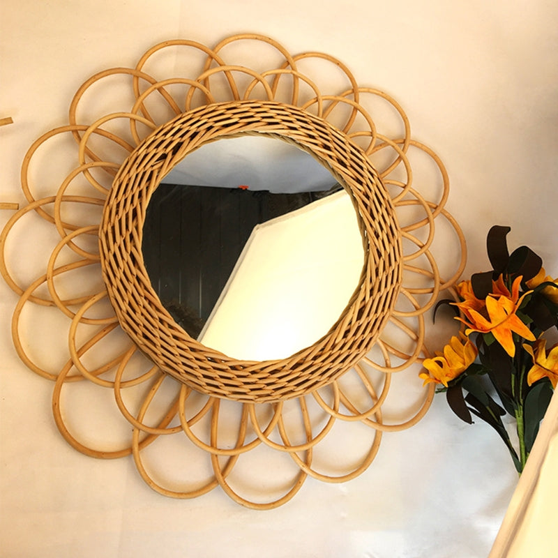 Large beige hand-braided rattan flower mirror – shown in a room setting (2)