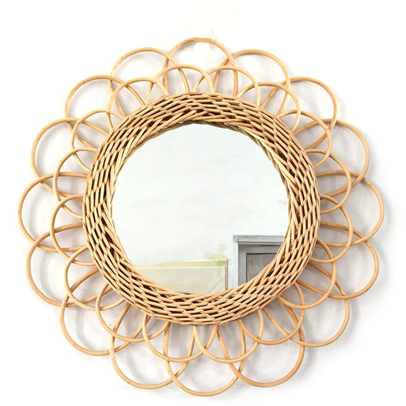 Large beige hand-braided rattan flower mirror