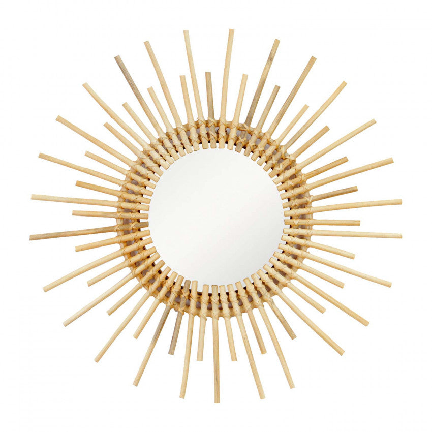 Large radiant hand-braided rattan sunburst mirror