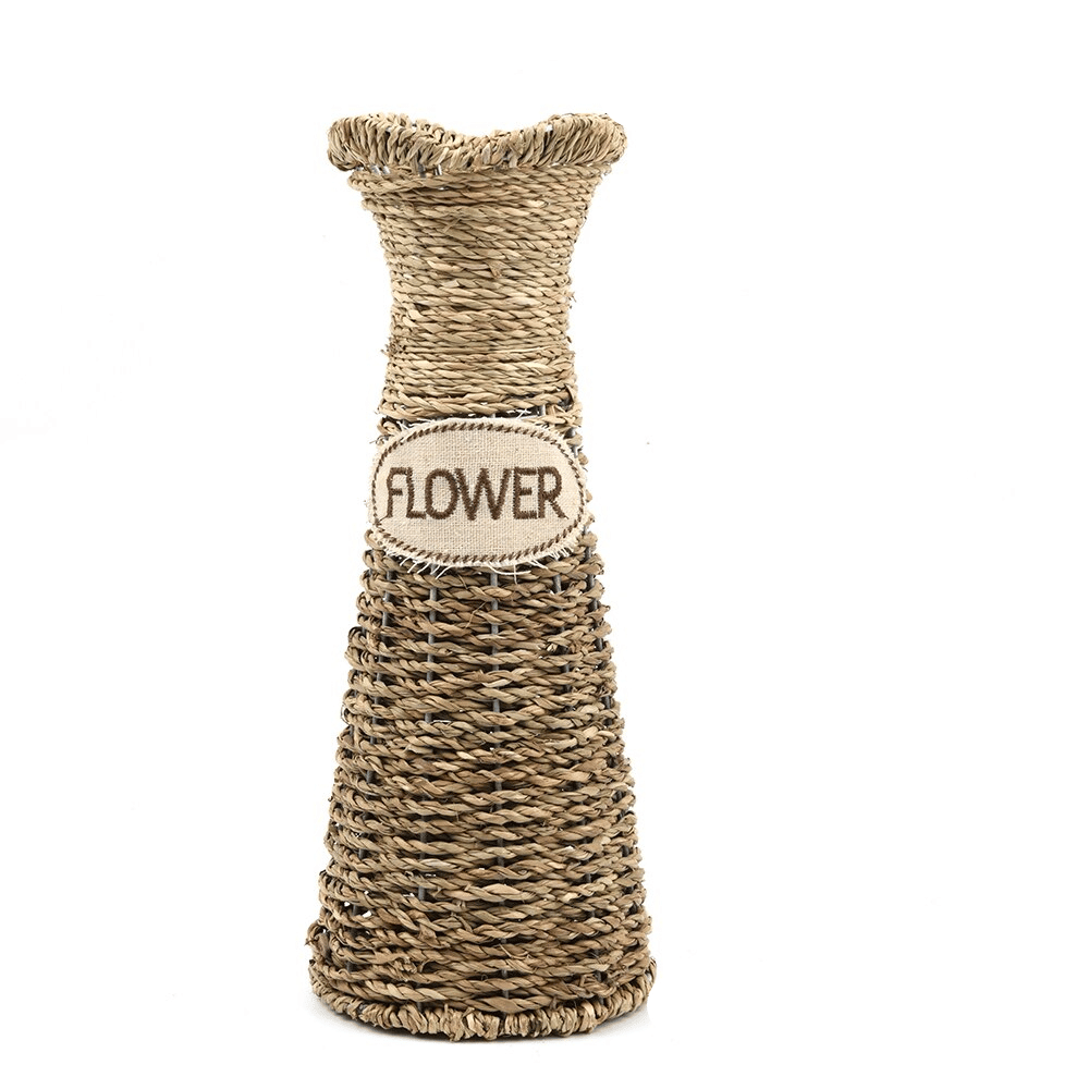 Rattan flower vase with a woven Fleur inscription