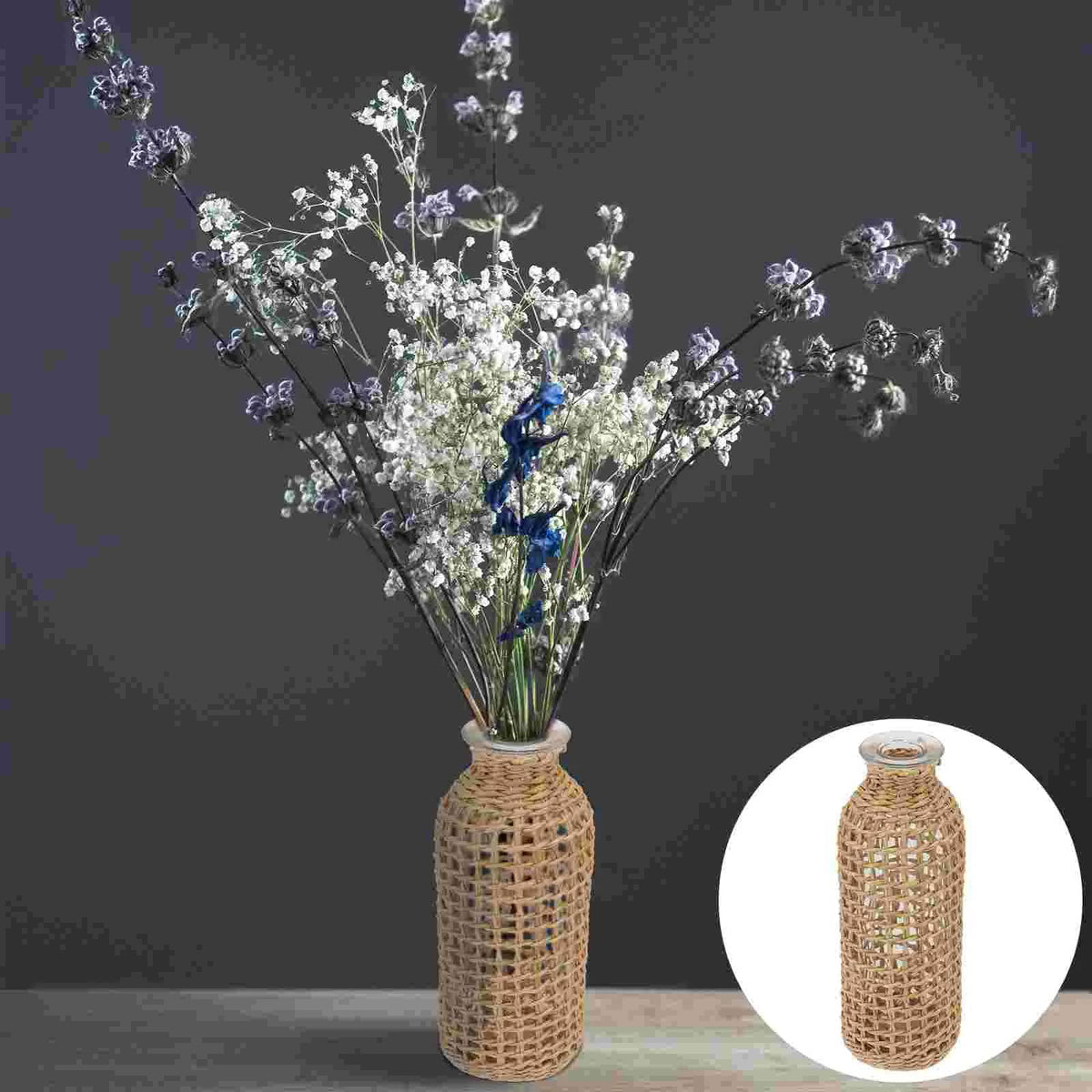 Tall slender crafted wicker vase – shown in a room setting