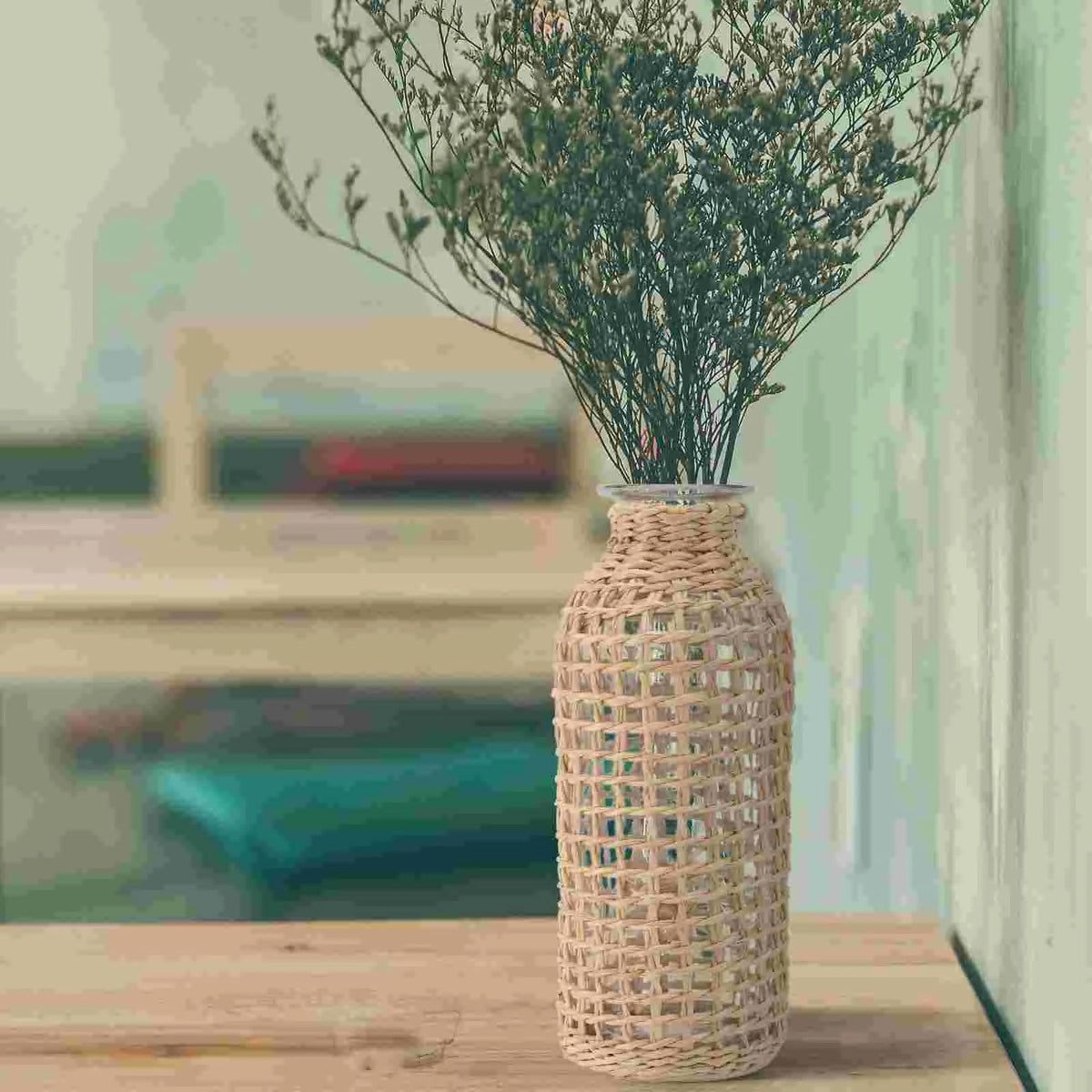 Tall slender crafted wicker vase – shown in a room setting (2)