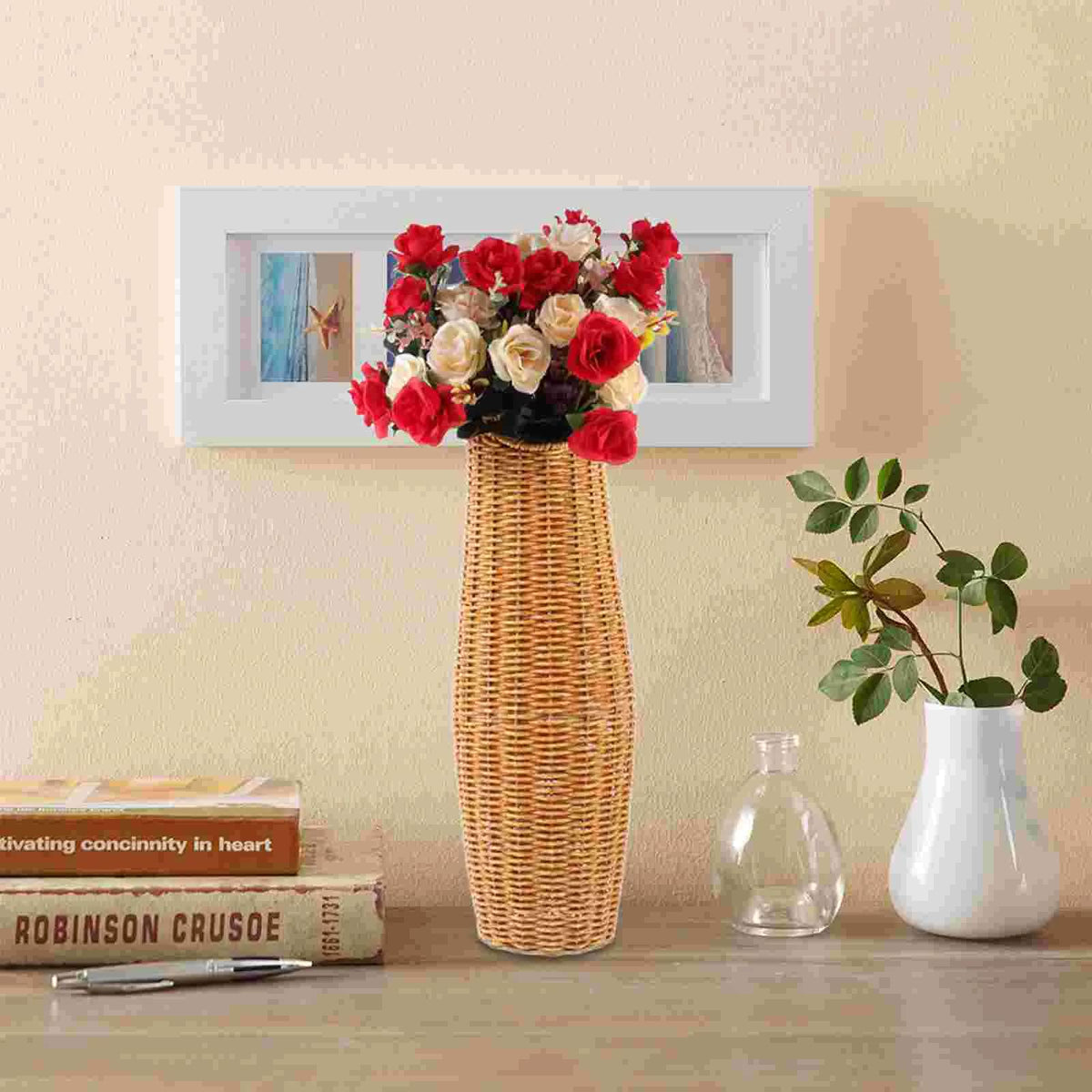 Tall brown natural wicker cylinder vase – shown in a room setting
